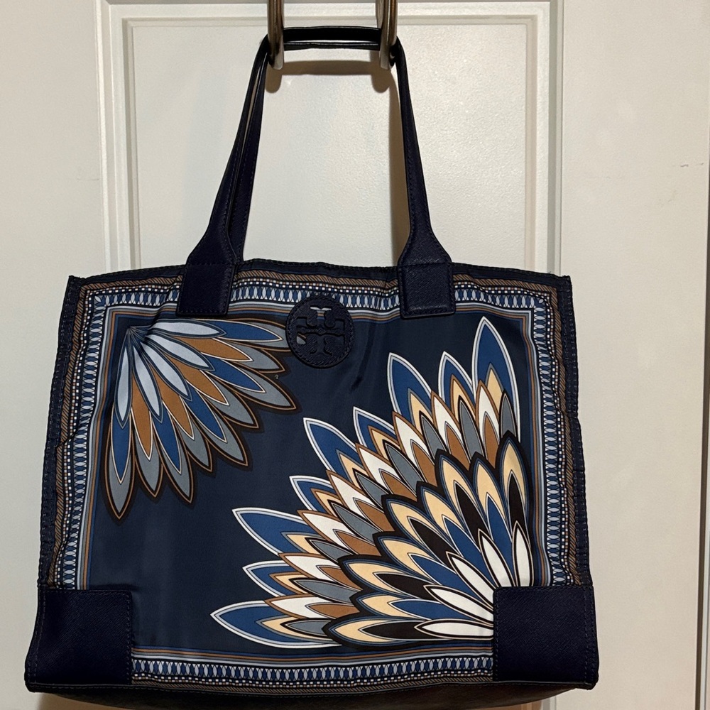 Tory Burch Navy Floral-Feather Print Tote with Tan and White Accents
